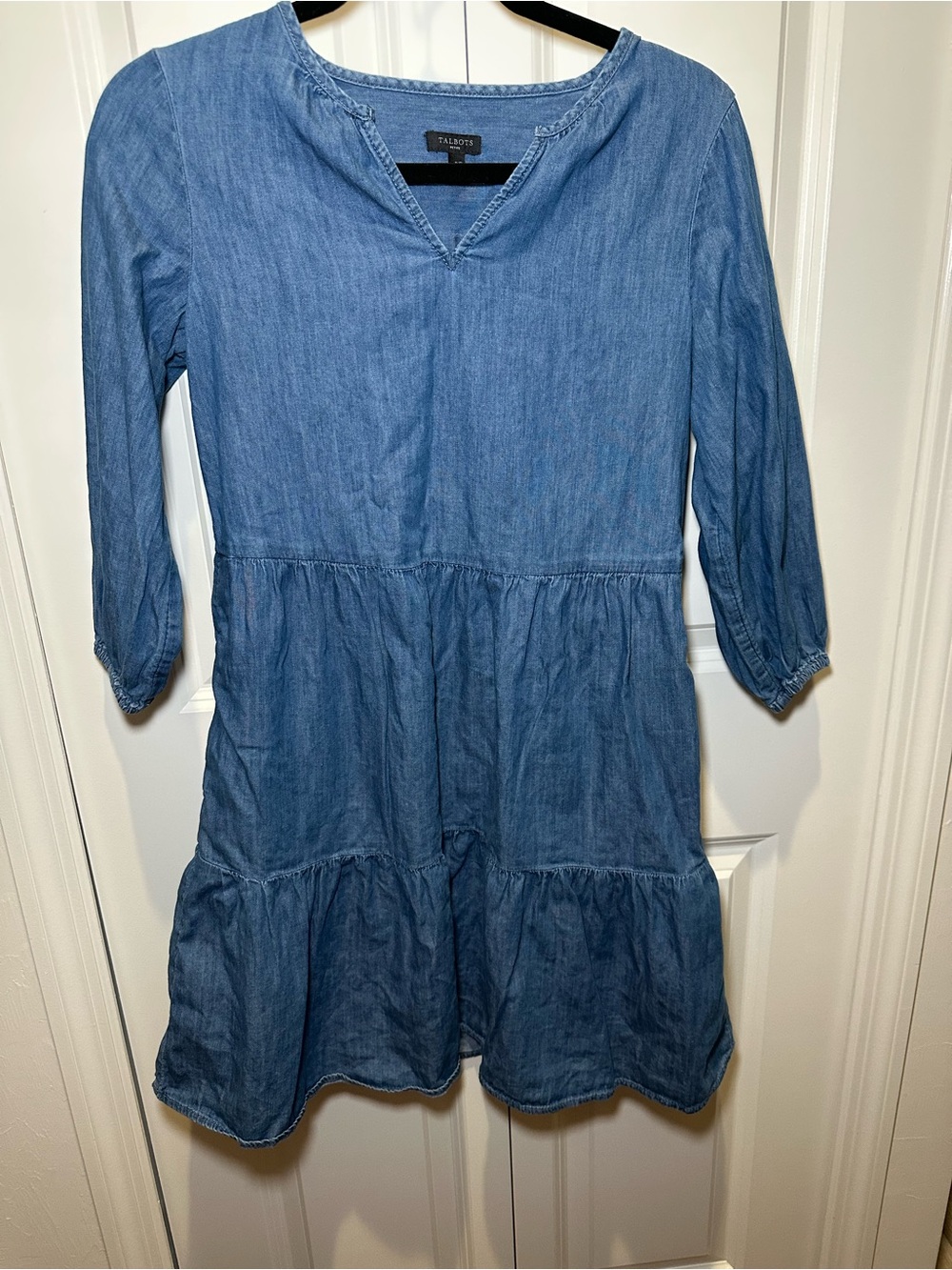 Talbots Womens Blue Denim Tiered Dress 100% Cotton Size XSP
